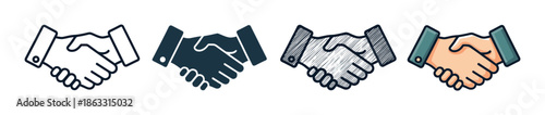 Set of four handshake icons in different styles including line art, silhouette, sketch, and color for business agreement and partnership concepts