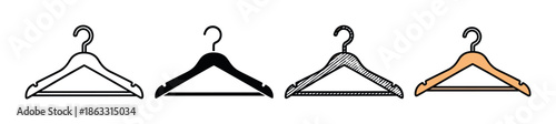 Set of four clothes hanger icons presented in a row, showcasing different graphic styles including simple outline, solid silhouette, hand-drawn hatching, and a flat color design