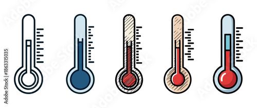 Set of five illustrated thermometer icons showing different temperature levels from cold to hot, presented in various graphic styles including line art, color fill, and sketch
