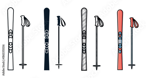 Four sets of skis and ski poles illustrated in different artistic styles, including line art, silhouette, engraved texture, and a colorful cartoon for winter sports concepts