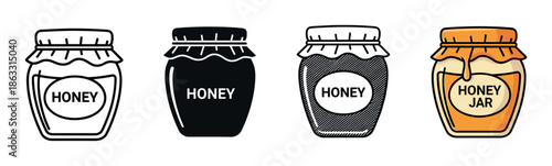 Set of four honey jar icons in various graphic styles including line art, solid silhouette, hatching, and a full color version for food branding or design elements
