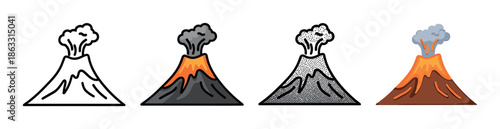 Set of four erupting volcano icons showing different illustration styles like simple outline, stippling, and colorful cartoon graphics for nature or disaster concepts