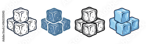 Set of four ice cube stack illustrations in various graphic styles from simple black outline and flat blue color to detailed hatching sketch and cartoon drawing