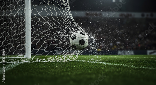 Soccer ball hitting net with water droplets flying