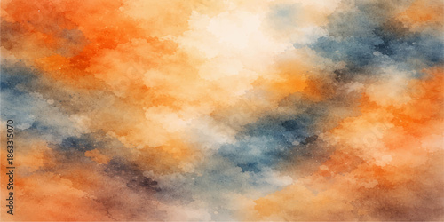 An abstract grunge background texture featuring watercolor elements blended with a stormy blue sky and fluffy white clouds under the fading light of a summer sunset