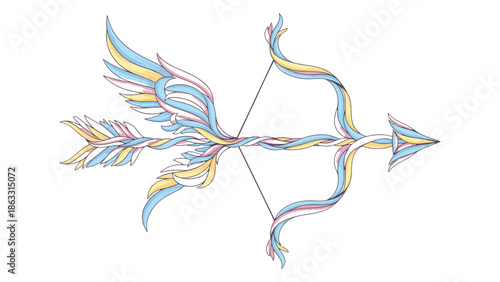 Artistic Illustration of Cupid’s Bow and Arrow with Winged Details in Soft Pastel Blue and Yellow Tones