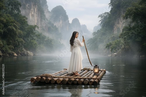 A woman stands on a bamboo raft drifting along a misty river through jungle cliffs