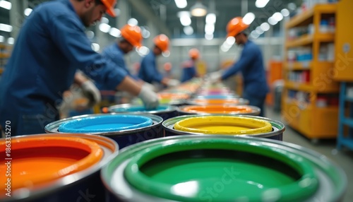 Wallpaper Mural Factory workers in orange helmets, blue shirts process colorful paint cans under bright industrial lights. Paint production line with various colors in metal containers. Manufacturing workflow with Torontodigital.ca