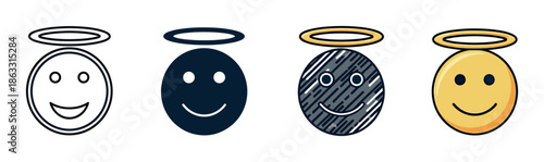 Set of four angel face emoji icons with halos in different design styles including line art, glyph, doodle, and full color for graphic design and web interface elements