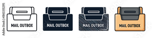 Mail outbox icon set in four different styles including line art, solid, textured, and colored versions for user interface design and communication concepts