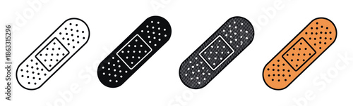 Set of four adhesive bandage icons showing different graphic styles including outline, solid silhouette, textured, and color for medical and first aid concepts