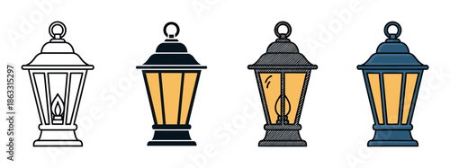 Set of four vintage lantern icons presented in different artistic styles, including simple line art, flat color design, a hand-drawn sketch, and a full-color graphic