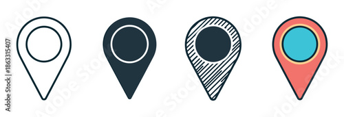Set of four location pin icons in different styles including outline, solid fill, hatched, and color, representing navigation, destination, and mapping concepts for UI design
