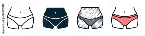 Set of four women's panties icons showing different graphic styles including line art, silhouette, sketch, and color fill for feminine hygiene or lingerie concepts
