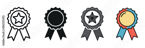 Set of four award ribbon icons in various styles including outline, silhouette, sketch, and color, representing achievement, quality, and certification for graphic design