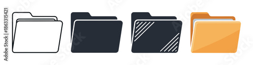 Four computer folder icons in a collection, featuring a simple line art version, a solid silhouette, a striped design, and a full-color illustration with paper files inside