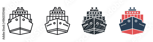 Set of four cargo ship icons showing different artistic styles including outline, solid, sketch, and flat color design for logistics and transportation concepts