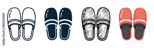 Collection of four pairs of slippers presented in different artistic styles, including simple outline, solid silhouette, hand-drawn sketch, and a flat color vector illustration