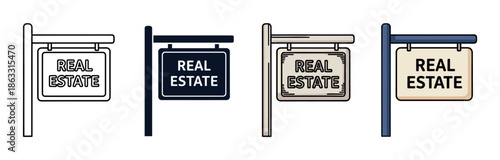 Collection of four real estate signs presented in various design styles, including a simple outline, a solid glyph, and colorful cartoon illustrations for property sales and marketing