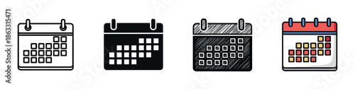 Set of four calendar icons presented in different design styles including line art, solid glyph, hand-drawn sketch, and color fill for planning schedules and events
