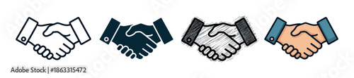 Set of four handshake icons in different artistic styles including line art, solid glyph, hand-drawn sketch, and color cartoon for representing business agreements and partnerships