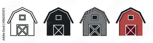 Set of four barn icons showing different graphic design styles including outline, solid silhouette, hatched pattern, and a classic red color version for farming concepts