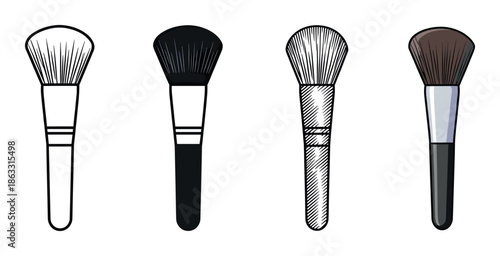 Four cosmetic makeup brushes in different styles including line art, silhouette, sketch, and color cartoon, showcasing a collection of beauty and glamour application tools