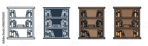 Four bookshelf illustrations with books presented in various artistic styles including outline, silhouette, hand-drawn sketch, and a simple flat color design