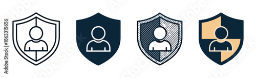 Shield with a person icon set of four different design styles for representing concepts like user safety, data privacy, insurance, and personal account security