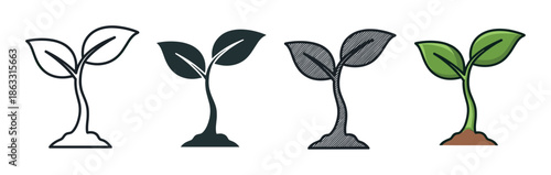 Four plant sprout icons in different styles including outline, silhouette, hatched, and color, representing concepts of growth, nature, ecology, and new beginnings