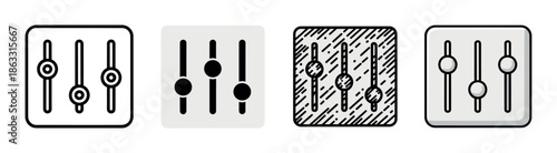Four different styles of control panel icons with vertical sliders, including simple line art, solid glyph, hand-drawn doodle, and colored outline vector illustrations