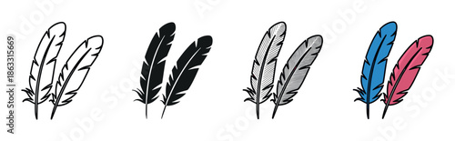 Set of four feather icons presented in different graphic styles including simple line art, a solid black silhouette, detailed hatching, and a colorful flat design version