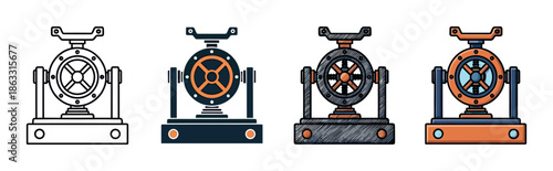 Set of four industrial machine illustrations showing different styles including line art, flat design, hand-drawn sketch, and cartoon for a vintage steampunk concept