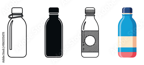 Collection of four beverage bottle icons presented in multiple graphic styles, including minimalist line art, a solid black silhouette, and a colorful flat design