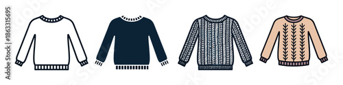 Set of four cozy knitted sweaters with long sleeves and crew necks shown in different illustrative styles including outline, silhouette, and detailed patterns