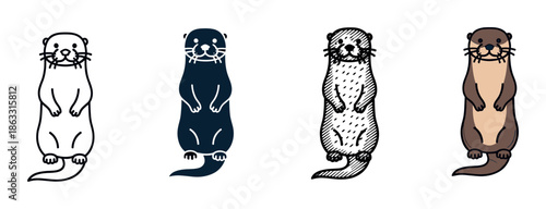 Set of four cute otter illustrations showing different artistic styles including outline, silhouette, engraved, and full color cartoon character design for a logo or icon