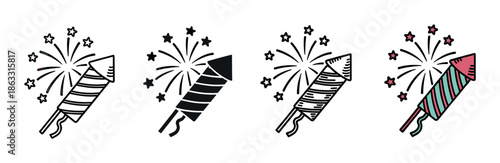 Set of four firework rocket icons in line art, silhouette, and color styles, depicting a festive pyrotechnic bursting with stars for a holiday or party celebration