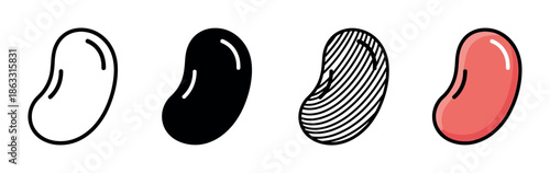 Jelly bean icon set with four different graphic styles including line art, silhouette, hatched pattern, and a simple colored version for user interface design