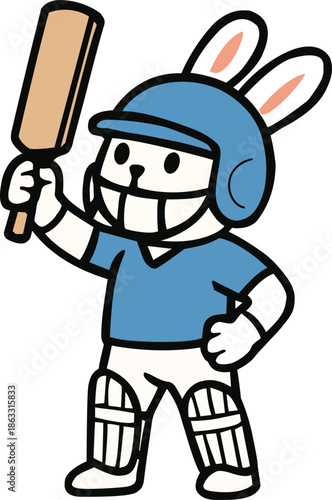 Cute rabbit batsman character holding a cricket bat, bunny player in helmet and pads.