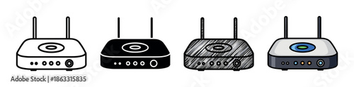 Set of Wi-Fi router icons presented in four distinct visual styles: a clean outline, a solid black silhouette, a rough hand-drawn doodle, and a colorful cartoon