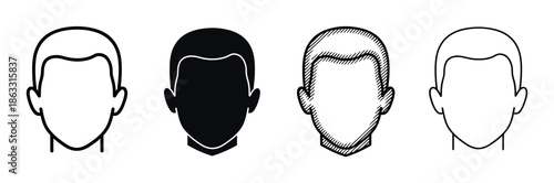 Set of four faceless male head icons with short hair presented in various graphic styles including simple outline, solid silhouette, and detailed hatching for a user profile