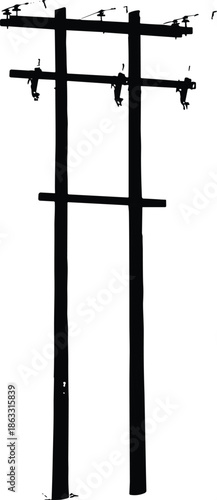 Double electric utility power poles silhouette vector illustration with crossarms overhead lines infrastructure isolated black minimal design industrial energy concept
