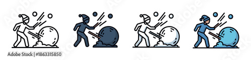 Four vector icons of a person rolling a large snowball to build a snowman, presented in line art, glyph, and color fill styles for user interface design