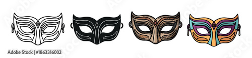 Four carnival masquerade masks illustrated in a set of different artistic styles including simple line art, a black silhouette, a hand-drawn sketch, and a colorful design