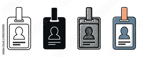 Set of four identification badge icons showing different artistic styles including outline, silhouette, hand-drawn sketch, and a simple flat color vector illustration