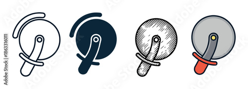 Four pizza cutter kitchen utensil icons presented in a collection of graphic styles like line art, solid glyph, vintage engraving, and modern flat color illustration