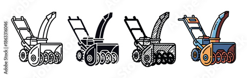 Set of four snow blower icons presented in different graphic styles including simple line art, a solid black silhouette, a hand-drawn sketch, and a full color cartoon version