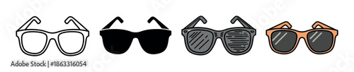 Set of four sunglasses icons presented in various graphic styles, including a simple line art outline, a solid black silhouette, and two colored versions