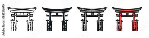 Four traditional Japanese torii gate icons presented in a collection of diverse graphic styles like line art, solid silhouette, hand-drawn sketch, and a full-color version