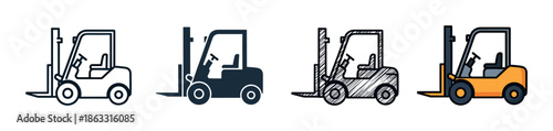 Set of four forklift truck icons in various design styles including line art, solid silhouette, hand-drawn sketch, and full color for logistics and warehouse concepts